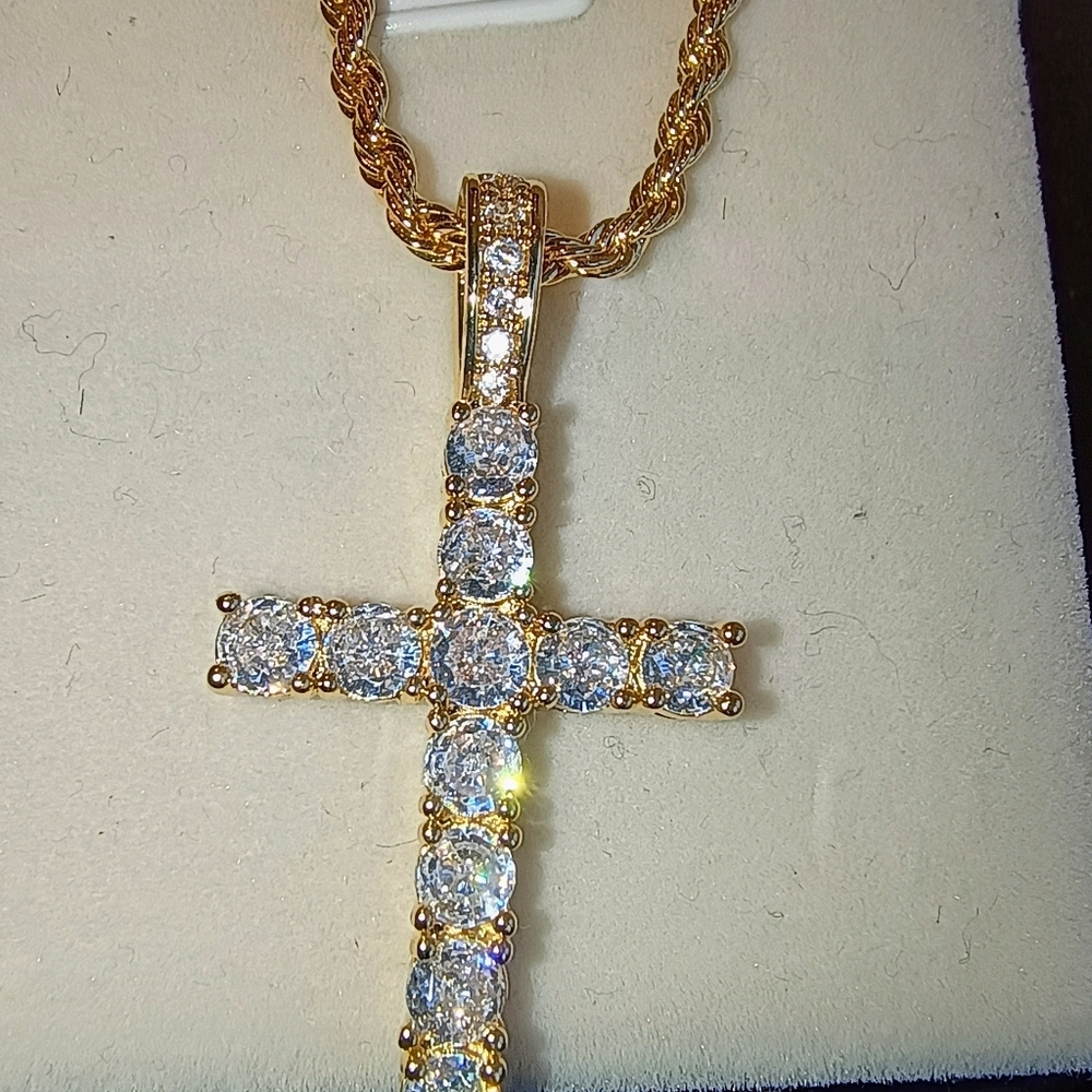Cubic Zirconia Cross Pendant Necklace Gold Plate Stainless Steel - Picture 6 of 8